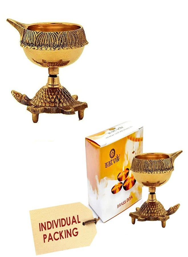 SATVIK 2 Pc Set Pure Brass Diwali Diya Indian Puja Oil LampGolden Engraved Design Dia with Turtle Base. Deepawali Diya/Tea Light Holder/Diwali Traditional Oil Lamp Indian Gift Item - Image 1